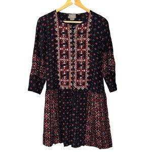 Vanessa Virginia Anthropologie dress wine red black boho print beaded mini small